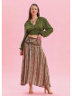 Gipe Waist Tied Khaki Patterned Long Skirt 4496